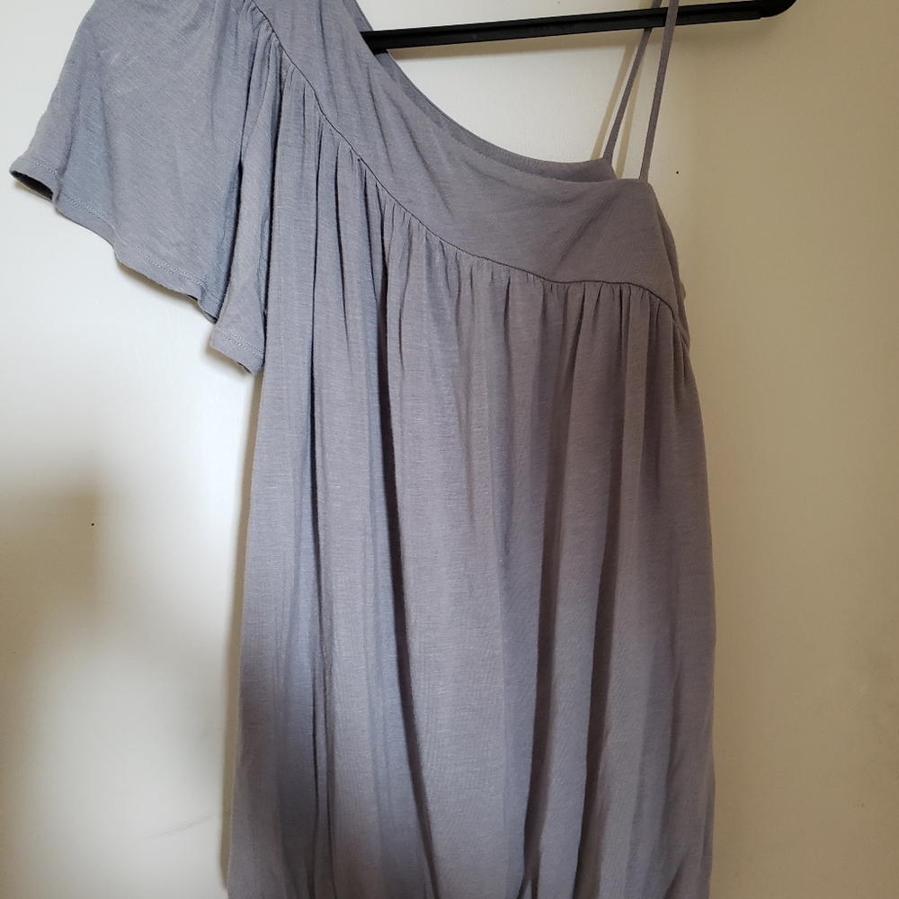 Medium, grey, off the shoulder shirt